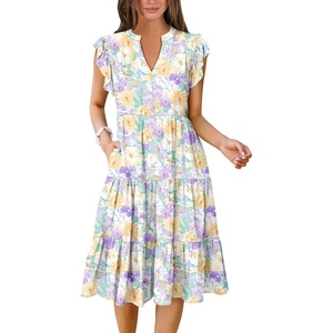 image:imageANRABESS Womens Summer Dress Ruffle Sleeve V Neck Midi DressesYellow Purple Floral
