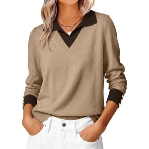 image:imageANRABESS Womens Sweaters Fall Long Sleeve Polo Lightweight Pullover TopsTan