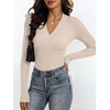 image:imageANRABESS Womens Long Sleeve Shirts V Neck Ribbed Knit Fitted Fall TopsBeige