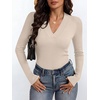 image:imageANRABESS Womens Long Sleeve Shirts V Neck Ribbed Knit Fitted Fall TopsBeige