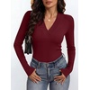 image:imageANRABESS Womens Long Sleeve Shirts V Neck Ribbed Knit Fitted Fall TopsWine Red