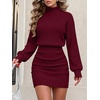 image:imageANRABESS Womens Turtleneck Long Sleeve Bodycon Mini Sweater DressBurgundy