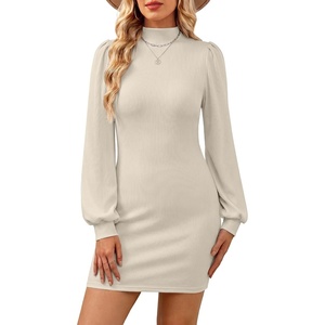 image:imageANRABESS Fall Dresses for Women Puff Long Sleeve Mini Sweater Dress BodyconBeige