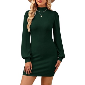 image:imageANRABESS Fall Dresses for Women Puff Long Sleeve Mini Sweater Dress BodyconGreen