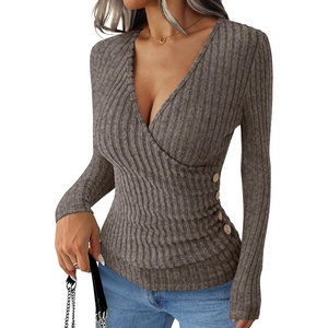image:imageANRABESS Long Sleeve Shirts for Women V Neck Slim Fit Fall TopsCool Ash Brown