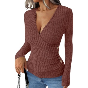 image:imageANRABESS Long Sleeve Shirts for Women V Neck Slim Fit Fall TopsRust Orange
