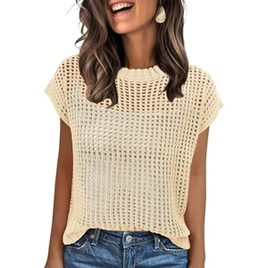 image:imageANRABESS Short Sleeve Sweater for Women Summer Crochet Knit TopsBeige