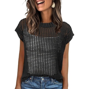 image:imageANRABESS Short Sleeve Sweater for Women Summer Crochet Knit TopsBlack