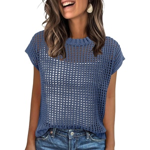 image:imageANRABESS Short Sleeve Sweater for Women Summer Crochet Knit TopsBlue