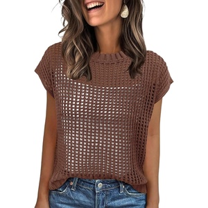 image:imageANRABESS Short Sleeve Sweater for Women Summer Crochet Knit TopsBrown