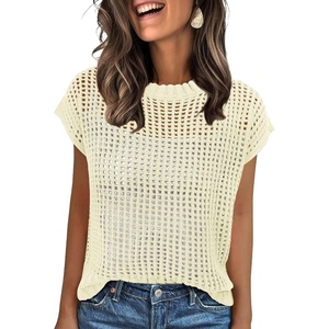 image:imageANRABESS Short Sleeve Sweater for Women Summer Crochet Knit TopsCream White
