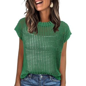 image:imageANRABESS Short Sleeve Sweater for Women Summer Crochet Knit TopsGreen