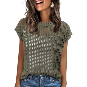 image:imageANRABESS Short Sleeve Sweater for Women Summer Crochet Knit TopsLight Green