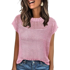 image:imageANRABESS Short Sleeve Sweater for Women Summer Crochet Knit TopsPink