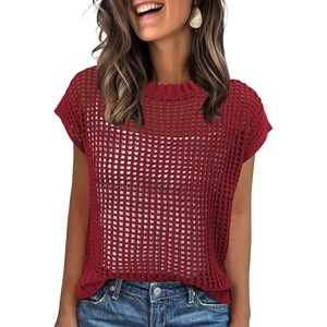 image:imageANRABESS Short Sleeve Sweater for Women Summer Crochet Knit TopsRed