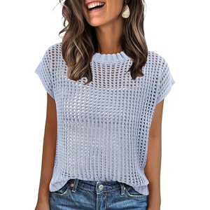 image:imageANRABESS Short Sleeve Sweater for Women Summer Crochet Knit TopsSky