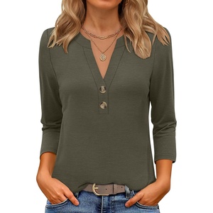 image:imageANRABESS Women 34 Sleeve Shirt V Neck Henley TopsArmy Green