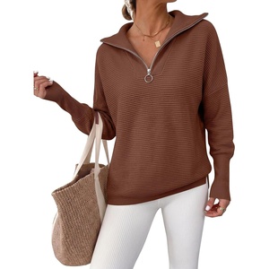 image:imageANRABESS Women Long Sleeve Quarter Zip Pullover Fall SweaterBurnt Brown