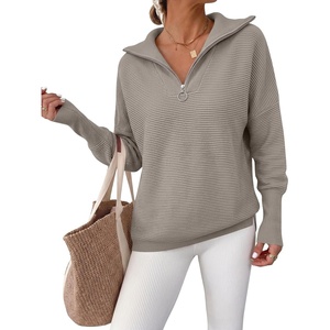 image:imageANRABESS Women Long Sleeve Quarter Zip Pullover Fall SweaterGrey Khaki