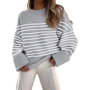 image:imageANRABESS Women Oversized Cozy Knit Sweaters 2026 Fall Fashion OutfitsGrey White Stripe