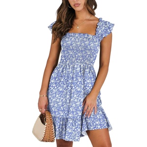 image:imageANRABESS Womens Casual Summer Dress Boho Smocked Beach Cute Teen SundressFloral Blue White