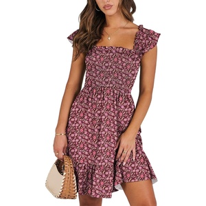 image:imageANRABESS Womens Casual Summer Dress Boho Smocked Beach Cute Teen SundressFloral Red Pink