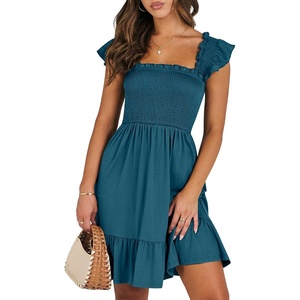 image:imageANRABESS Womens Casual Summer Dress Boho Smocked Beach Cute Teen SundressTile Blue