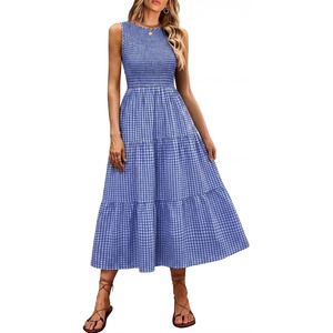 image:imageANRABESS Womens Casual Summer Dress Gingham Smocked Midi Teacher Sundress