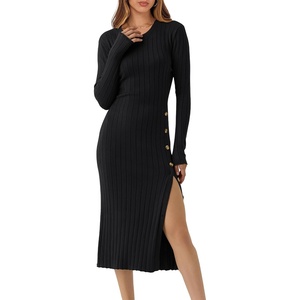 image:imageANRABESS Womens Fall Long Sleeve Ribbed Knit Bodycon Midi Sweater DressBlack