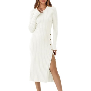 image:imageANRABESS Womens Fall Long Sleeve Ribbed Knit Bodycon Midi Sweater DressWhite