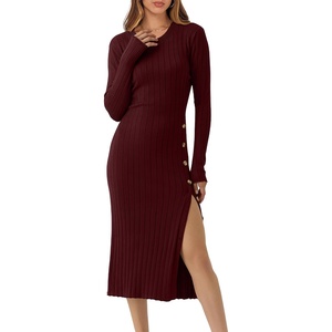 image:imageANRABESS Womens Fall Long Sleeve Ribbed Knit Bodycon Midi Sweater DressWine Red