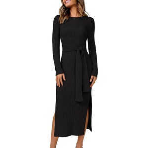 image:imageANRABESS Womens Fall Long Sleeve Ribbed Knit Midi DressesBlack
