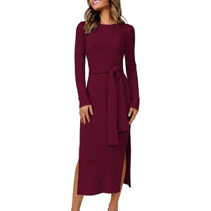 image:imageANRABESS Womens Fall Long Sleeve Ribbed Knit Midi DressesBurgundy