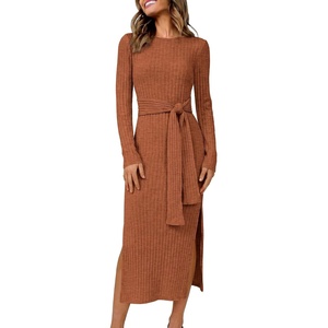 image:imageANRABESS Womens Fall Long Sleeve Ribbed Knit Midi DressesBurnt Orange