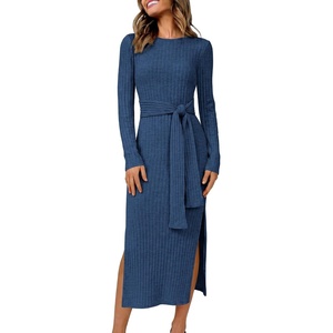 image:imageANRABESS Womens Fall Long Sleeve Ribbed Knit Midi DressesDark Blue
