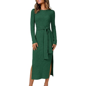 image:imageANRABESS Womens Fall Long Sleeve Ribbed Knit Midi DressesDeep Green
