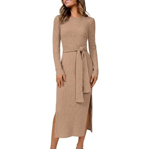 image:imageANRABESS Womens Fall Long Sleeve Ribbed Knit Midi DressesTan