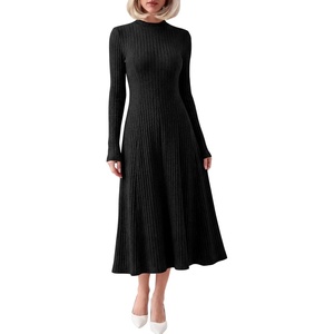 image:imageANRABESS Womens Fall Ribbed Knit Mock Neck Long Sleeve Midi DressBlack