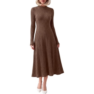 image:imageANRABESS Womens Fall Ribbed Knit Mock Neck Long Sleeve Midi DressBrown