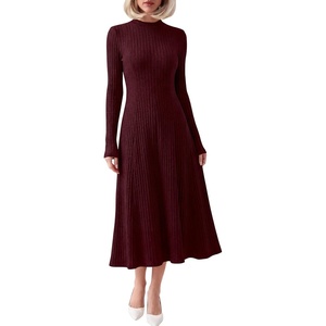 image:imageANRABESS Womens Fall Ribbed Knit Mock Neck Long Sleeve Midi DressBurgundy