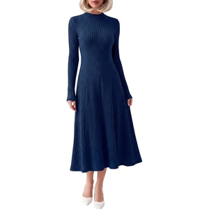image:imageANRABESS Womens Fall Ribbed Knit Mock Neck Long Sleeve Midi DressDeep Blue