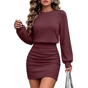 image:imageANRABESS Womens Lightweight Lantern Sleeve Mini Sweater DressWine Red