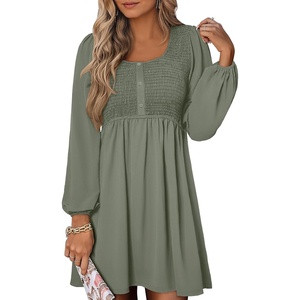 image:imageANRABESS Womens Long Sleeve Dresses Fall Smocked High Waist Babydoll DressArmy Green