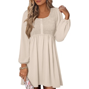 image:imageANRABESS Womens Long Sleeve Dresses Fall Smocked High Waist Babydoll DressBeige