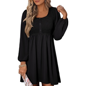 image:imageANRABESS Womens Long Sleeve Dresses Fall Smocked High Waist Babydoll DressBlack