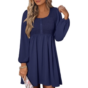 image:imageANRABESS Womens Long Sleeve Dresses Fall Smocked High Waist Babydoll DressBlack Blue