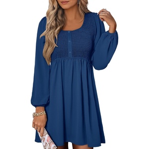 image:imageANRABESS Womens Long Sleeve Dresses Fall Smocked High Waist Babydoll DressDark Blue