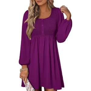 image:imageANRABESS Womens Long Sleeve Dresses Fall Smocked High Waist Babydoll DressDeep Purple