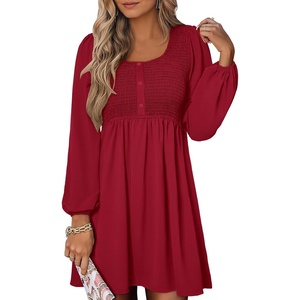 image:imageANRABESS Womens Long Sleeve Dresses Fall Smocked High Waist Babydoll DressDeep Red