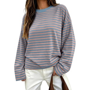 image:imageANRABESS Womens Long Sleeve Shirts Oversized Striped TopsBlue Pink Stripe